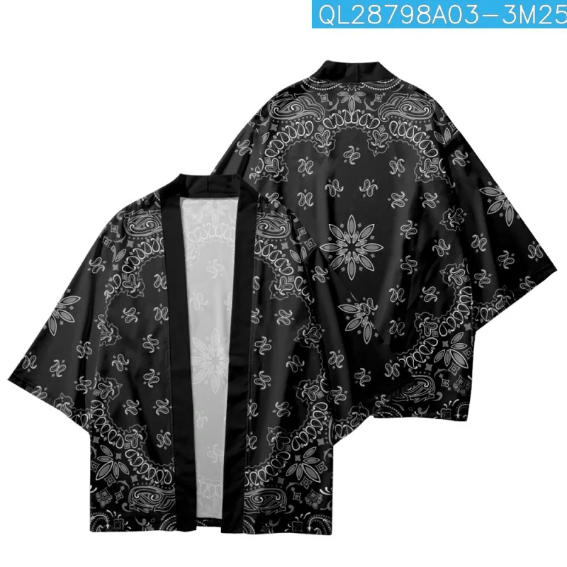 Cashew Printed Black Traditional Japanese Kimono Beach Shorts Summer Couple Women Men Streetwear Cardigan Yukata