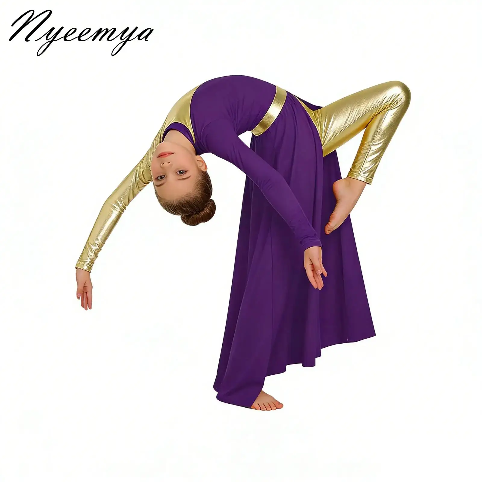 

Kids Girls Ballet Modern Lyrical Skirted Jumpsuit Dress Worship Church Choir Praise Dance Performance Costume for Ballroom Waltz