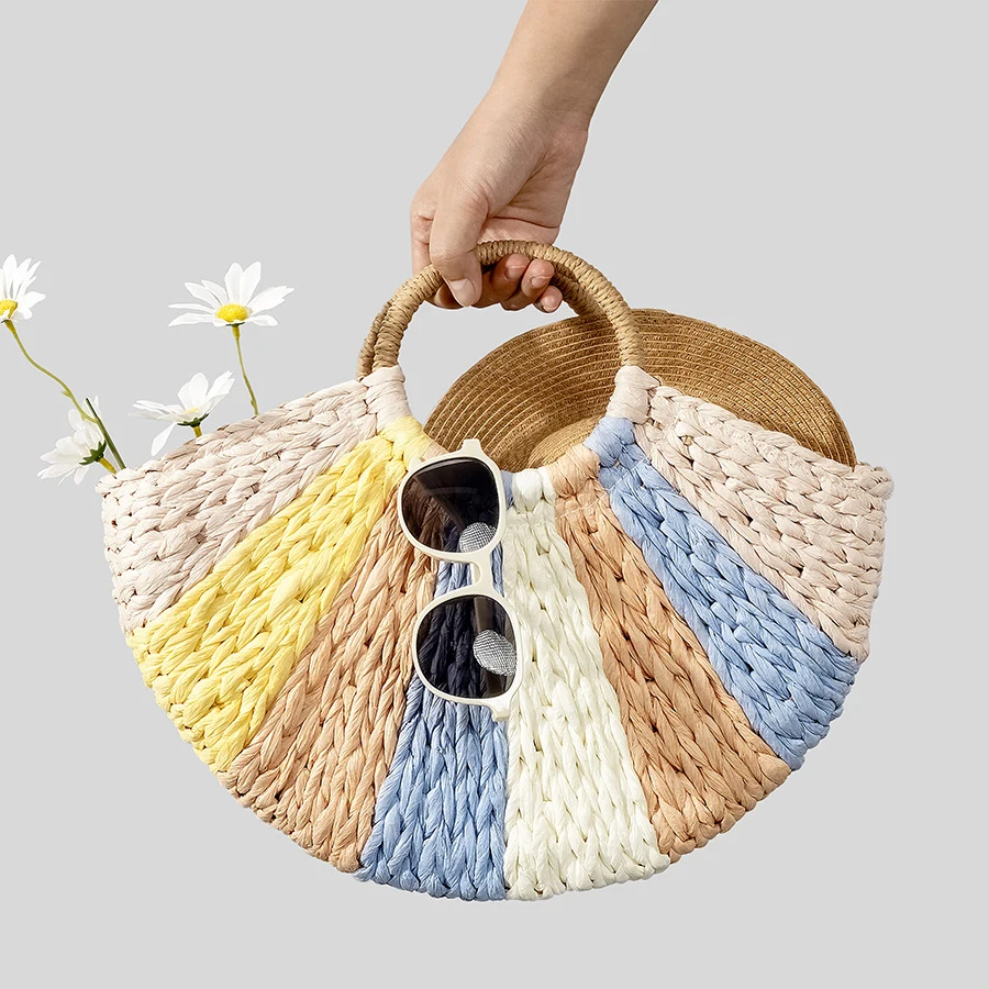 Casual Colorful Striped Straw Basket Bag Paper Woven Women Handbags Handmade Summer Beach Bag Travel Bali Holiday Tote Purses