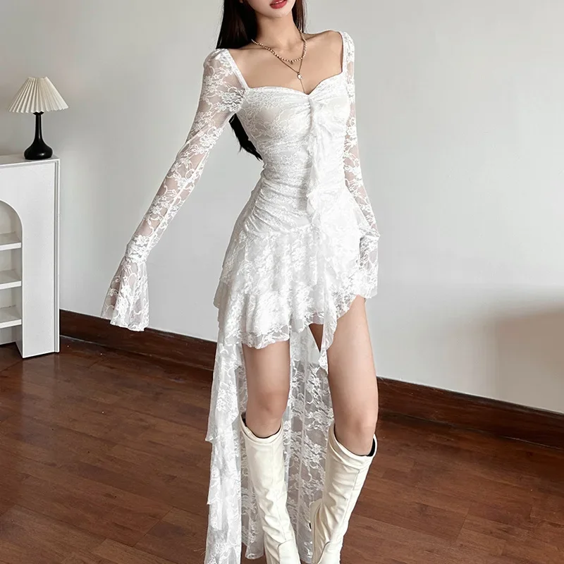 

Summer White Lace Flare Sleeve A-line Dress Sweet E-girl Irregular Long Hem Dresses Y2K Party Vestido Sexy Dress Korean