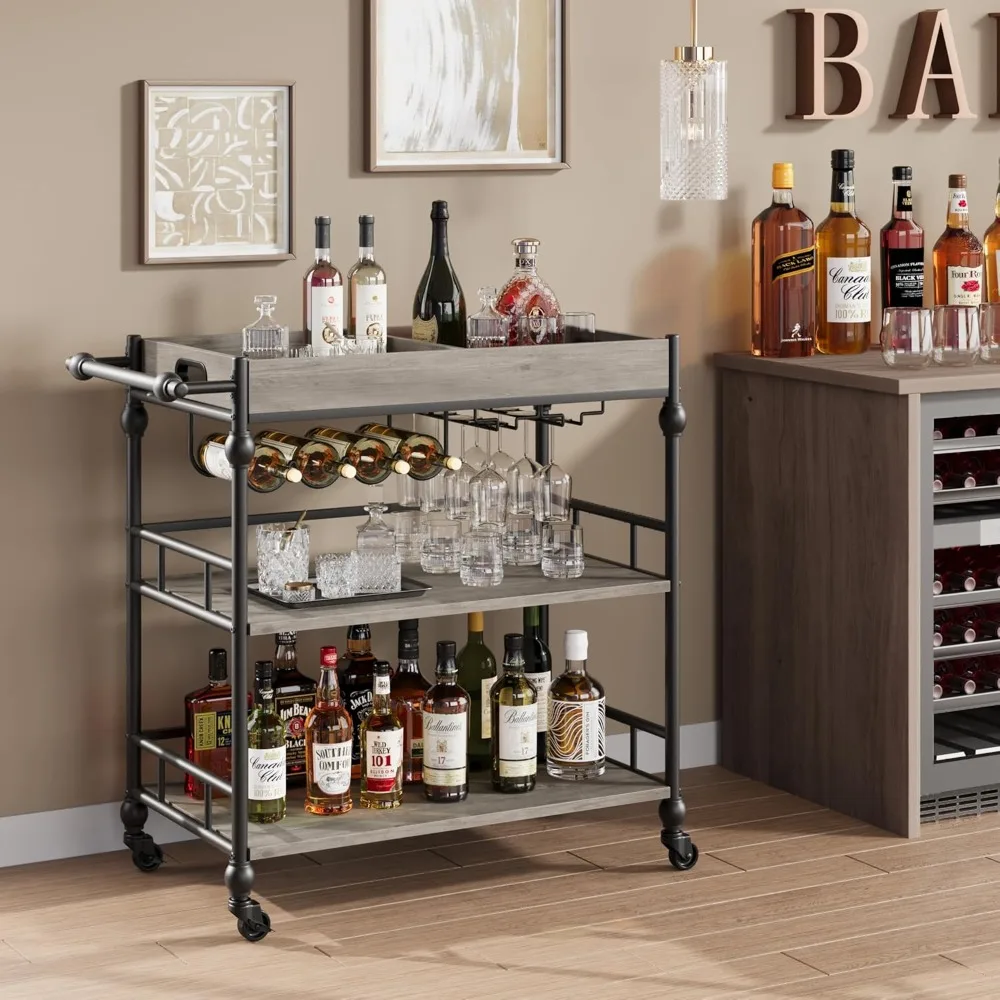 

Bars Cart, Bar Carts for The Home, 3 Tier Bar Cart with Wheels, Portable Home Bars & Serving Carts, Rolling Cart with W