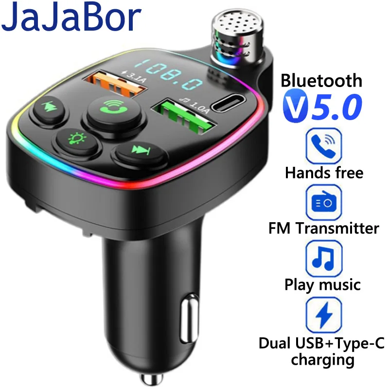 

JaJaBor Car FM Transmitter Modulator Big Microphone Type C Dual Usb Fast Charging wireless 5.0 Handsfree Car Kit Mp3 Player