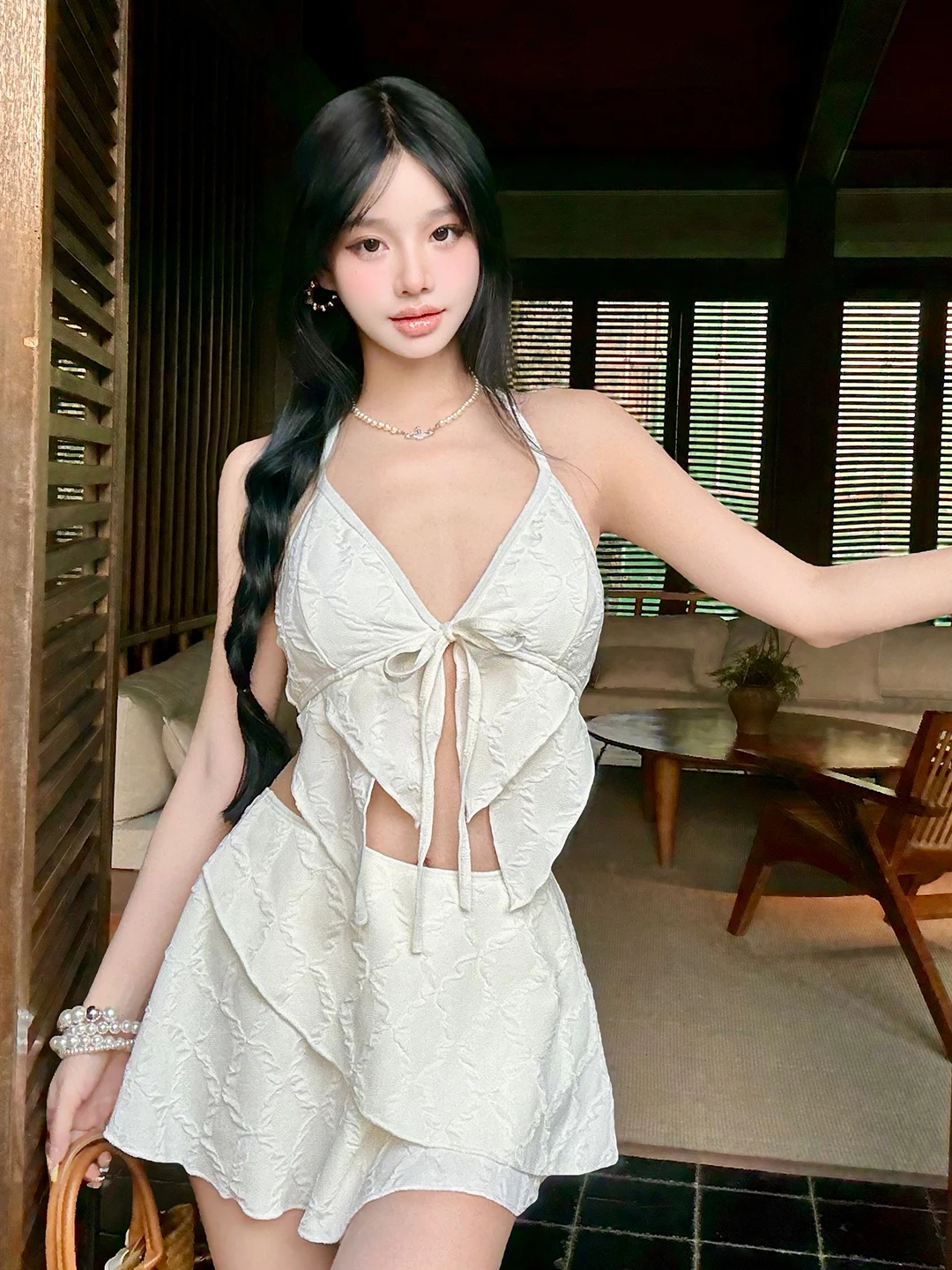 

Alice Women's Swimsuit 2026 New Slimming Deep V Neck Backless Pure Desire Vacation Three Piece Set Hot Spring Suitable