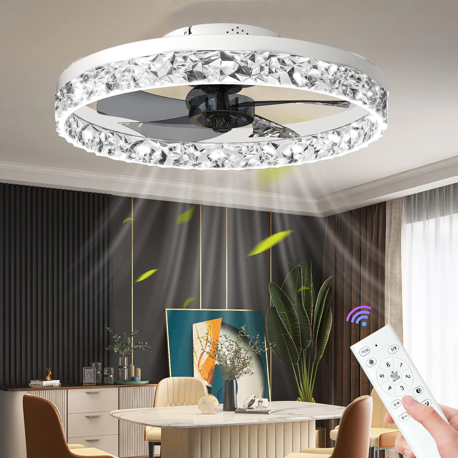 

Silent LED Chandelier Fan Infinite Dimming Ceiling Fans Cooler Ceiling Fan with Lighting Remote Control 6 Levels of Wind Speed