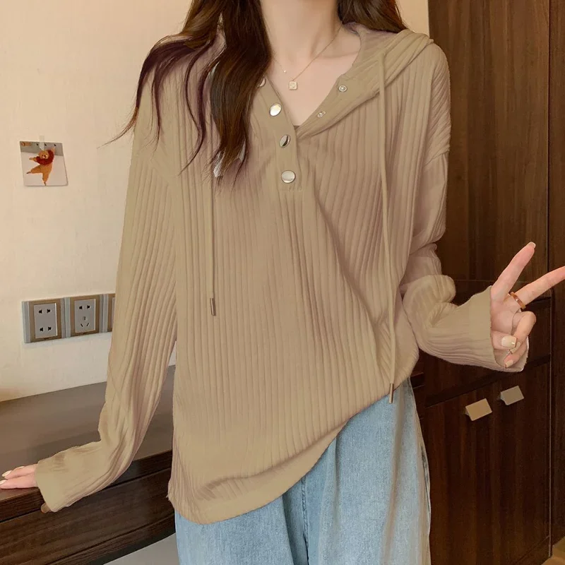 Spring New Casual Oversized Hooded T-shirts Long Sleeve Solid Color Loose Lacing Trend Tops Tees Fashion Korean Women Clothing