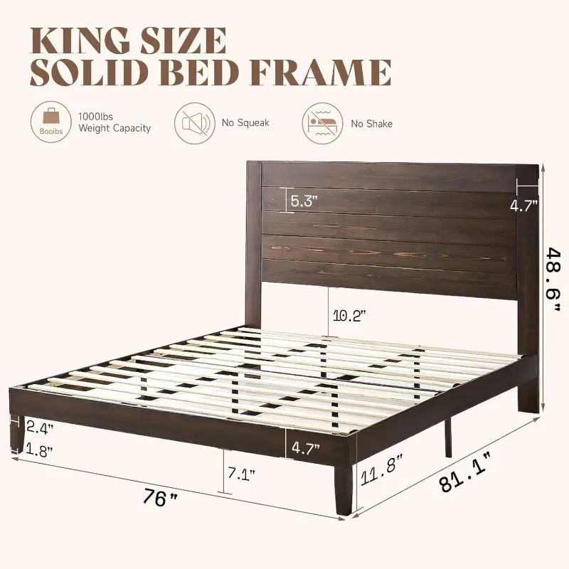 Estructura de cama de madera maciza, cama con plataforma de madera con cabecero de 48