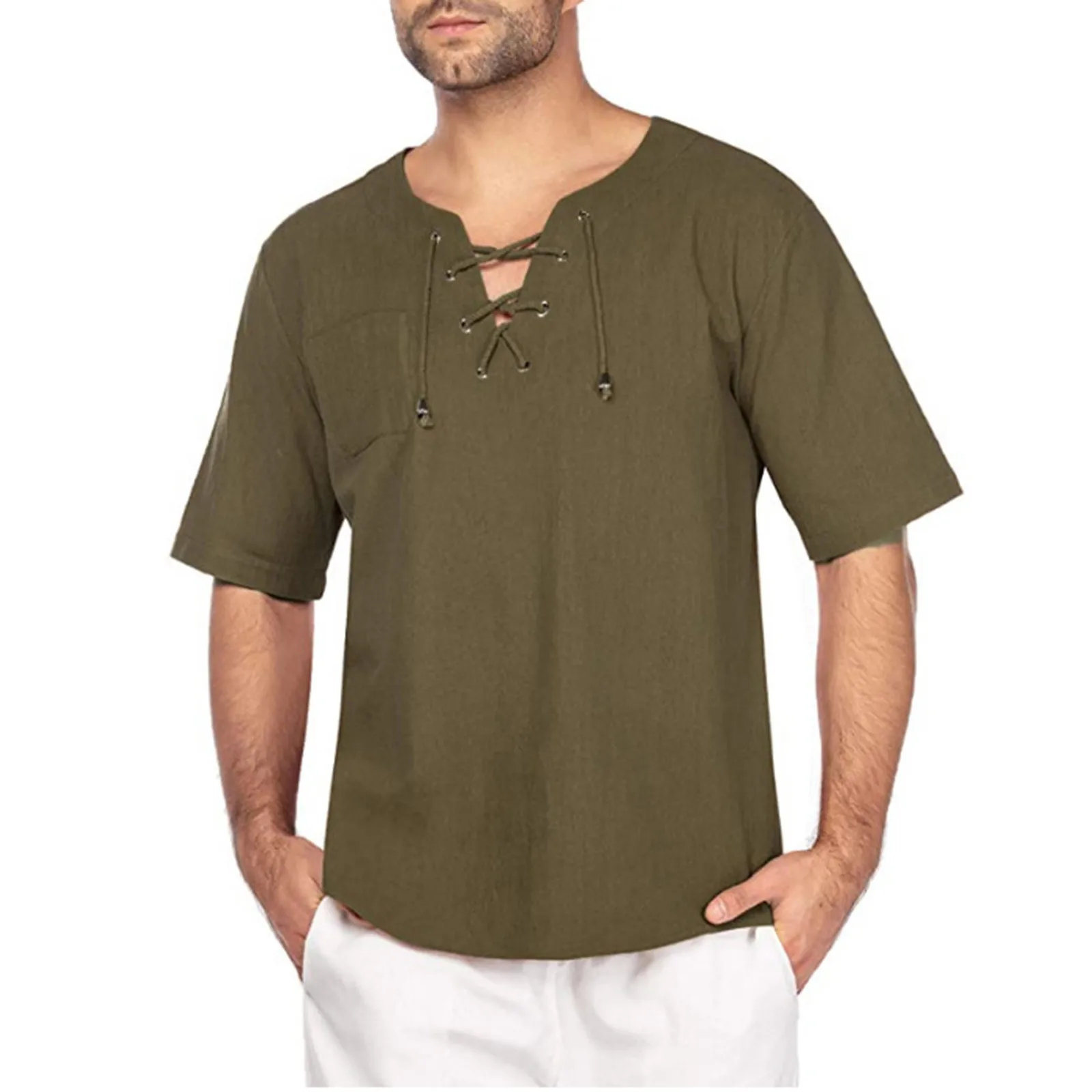 Linen Shirts For Men Cotton Linen Solid Loose Short Sleeve T Shirt Lace Up Tees V Neck Medieval Tunic For Men Camisa De Hombre