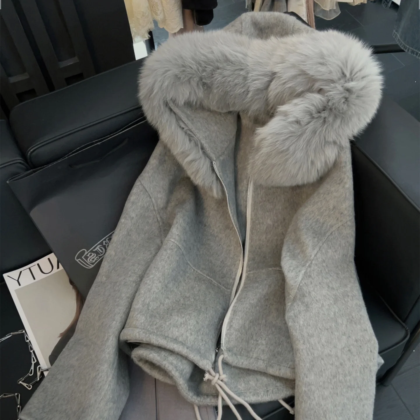 女性レトロソフトフード付きグレーコート春秋デザインセンスカジュアル多用途ぬいぐるみ帽子模造両面ウールジャケット