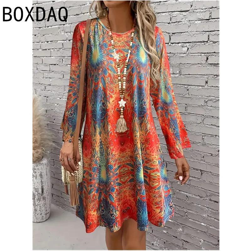 Large Size Women Casual Dress Autumn Long Sleeve O-neck Loose Mini Dress 3D Vintage Gradient Multi Color Printed A-Line Dress