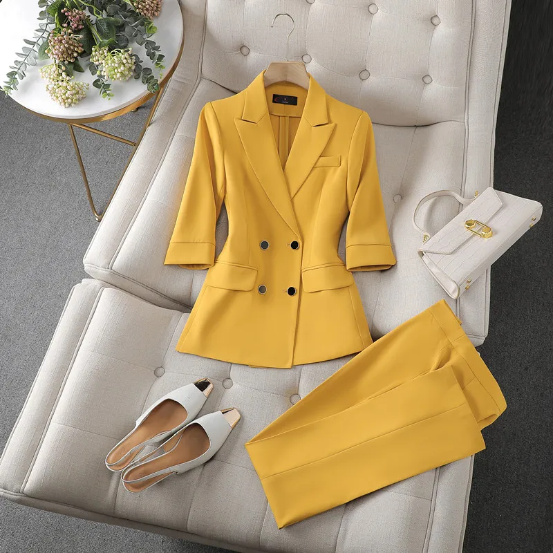 Pink Suits Women Fashion New 2023 Spring Temperament Porfessional Slim Half Sleeve Blazer And Pants Office Ladies Work Wear