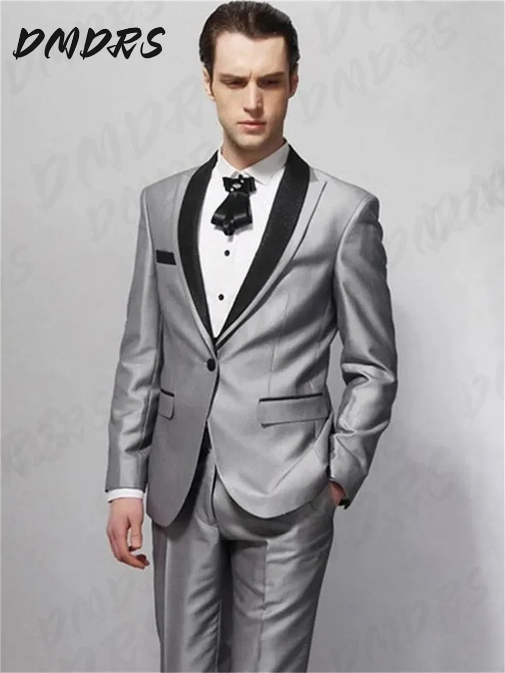 Formal Silver Men Suit Formal Blazer Single Buckle Peak Lapel Flat Regular Length Slim Fit 2 PCS trajes para hombre