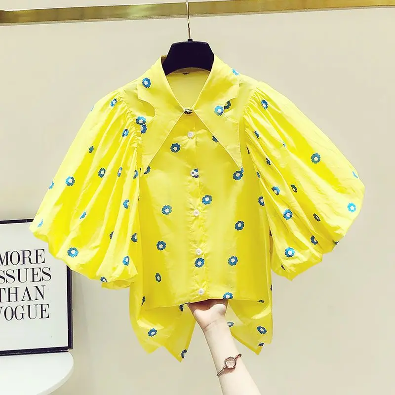 女性用プリントバブル半袖シャツ,ルーズフィットトップス,シック,韓国ファッション,夏,2024