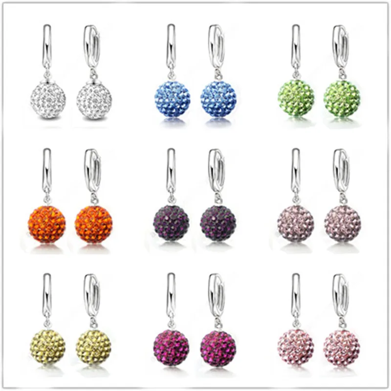 Hot Sale Multi Colors One Pair Real Pure 925 Sterling Silver Austrian Pave Disco Ball Hoop Lever back Earring Woman Jewelry