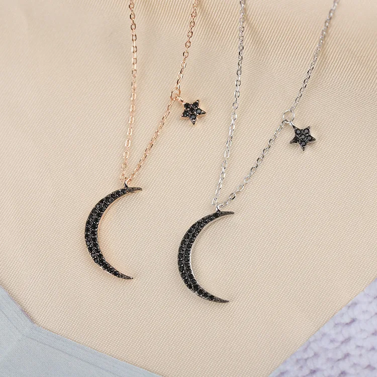 Simple Designer All Matching Sparkling Zircon Moon Pendant Real 925 Sterling Silver Quality Star Women Choker Necklace