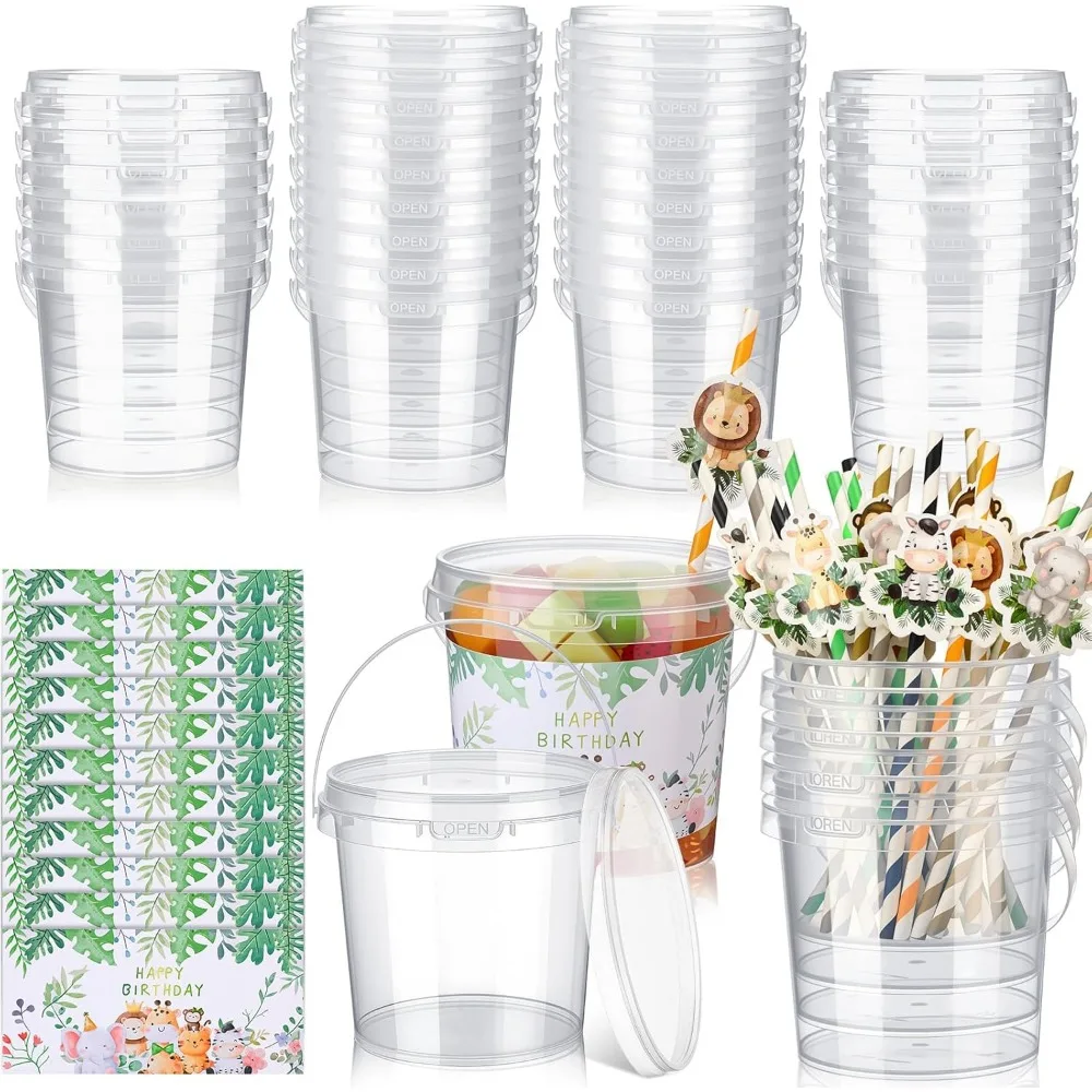 30 juegos de cubos de bebidas con tapas y pajitas, cubos de helado de 24oz con asa, 36 pegatinas, cóctel de plástico transparente reutilizable, rum co
