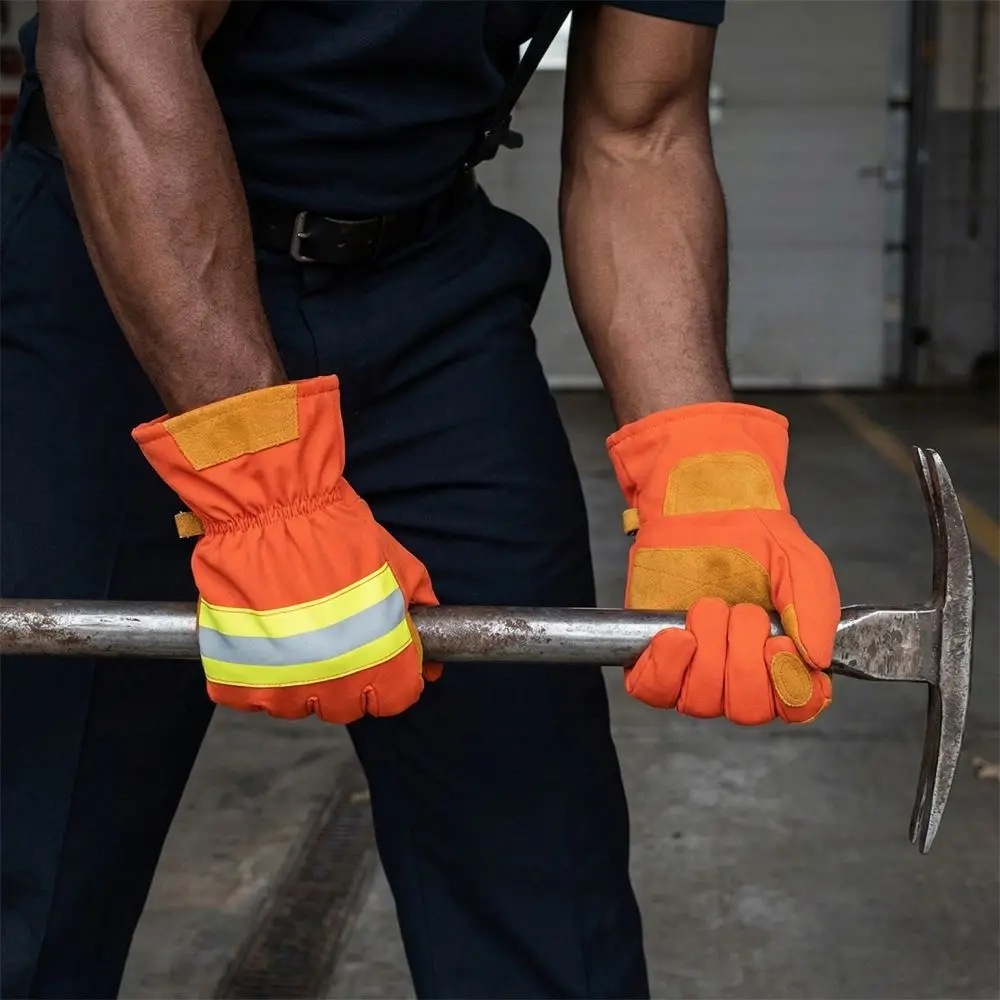 

Thicken Firefighter Training Gloves Heat Resistant Reflective Strap Fire Resistant Gloves Orange Wear-Resistance