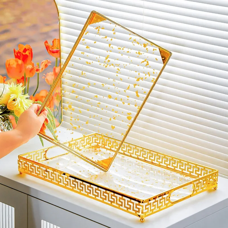 Light luxury European cosmetics mirror tray floor iron metal electroplating decorative metal plate jewelry storage