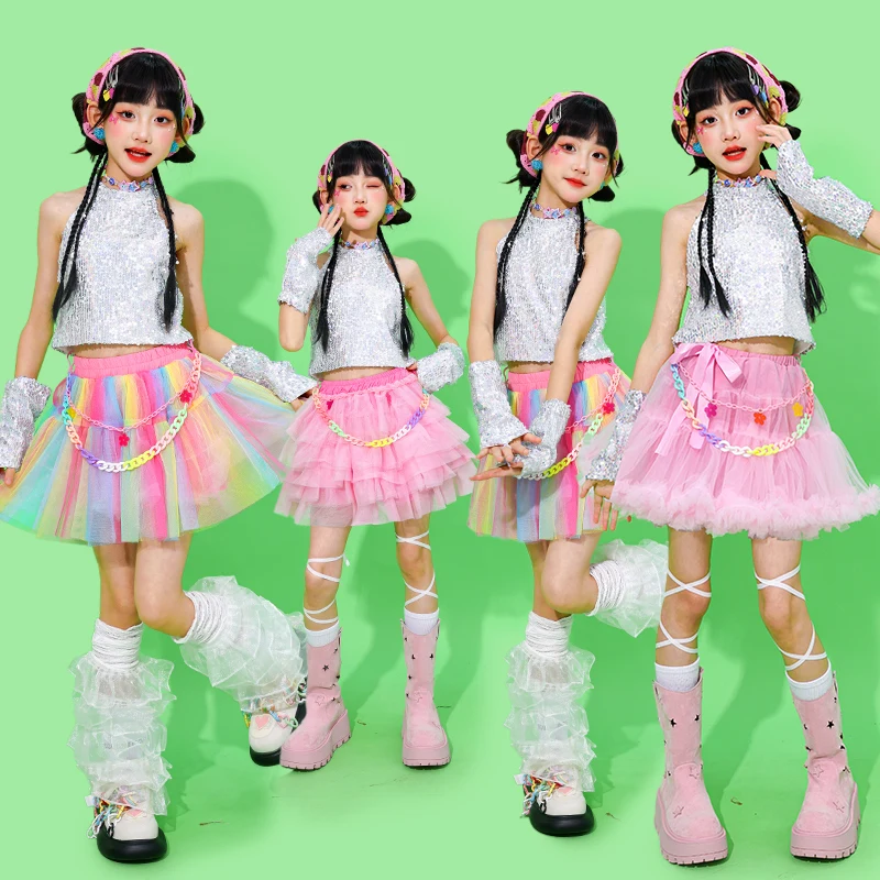 Menina hip hop roupas lantejoulas colheita topos rosa tutu saias criança k-pop streetwear criança jazz menina grupo roupas de dança de rua conjunto