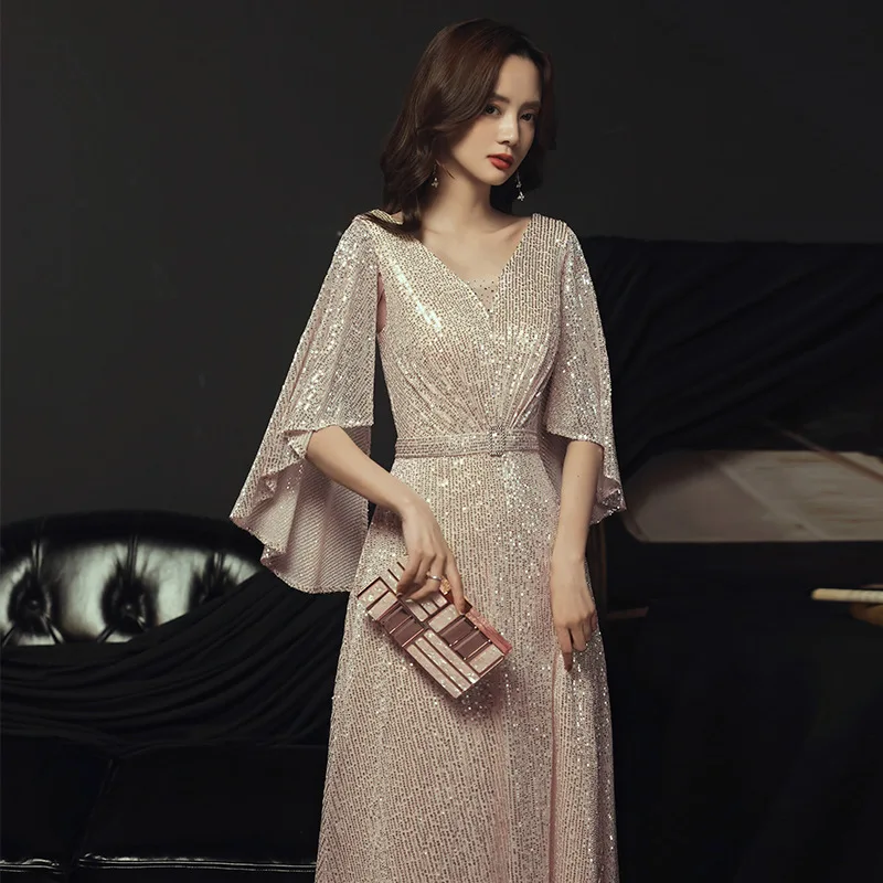 Banquet Evening Dress2024New Summer Elegant Golden Socialite Dress Long Host Annual Meeting Dinner Dress