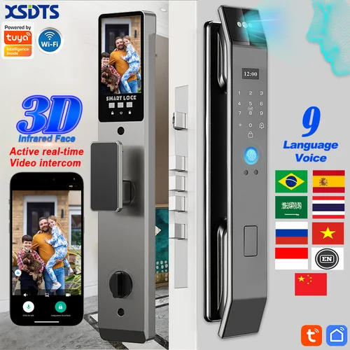 XSDTS Wifi Tuya APP cerradura de puerta inteligente con reconocimiento facial con cámara videollamada intercomunicador de voz cerradura de puerta Digital cerradura de puerta automática