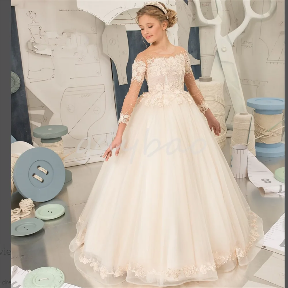 

Elegant Flower Girl Dresses for Weddings Sash Lace Appliques Princess Kids First Communion Evening Party Ball Gowns Custom Made