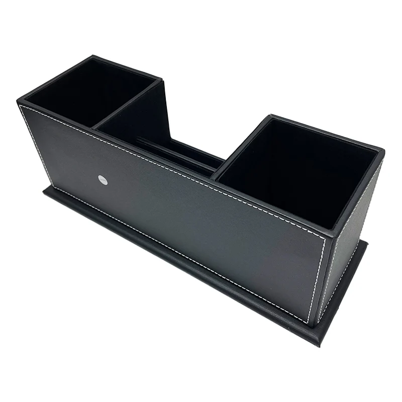 オフィス用品 鉛筆ホルダー PUレザー デスクオーガナイザー ペン、名刺、リモコン用の4つの分割コンパートメント付き