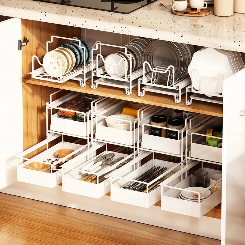 Kitchen Under The Sink Organizer Household Multifunctional Seasoning Dishes Pull-Out Sliding Large-Capacity Metal Storage Racks