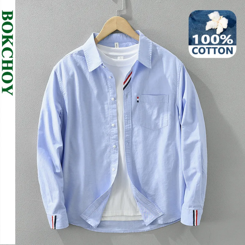 2024 Spring New Simple 100% Cotton Long Sleeve Shirts for Men Clothing Casual Turn-down Collar Soft White Shirt CM7231