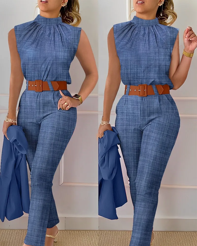 Ensemble d'été en denim bleu pour femme, col montant, haut en fibre, pantalon taille haute, travail, impression, 2 pièces trempées, tenues décontractées pour femme