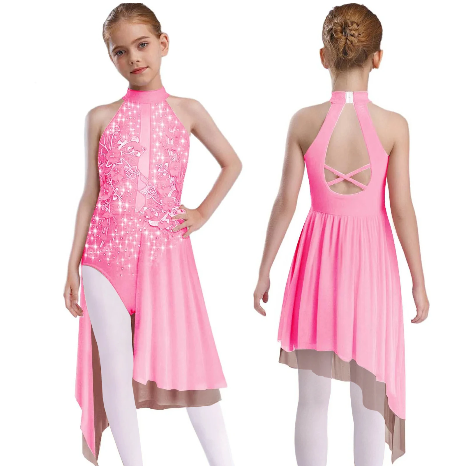 

Kids Girls Lyrical Dance Dress Sleeveless Cross Back Applique Split Irregular Mesh Overlay Leotard Dress Figure Skating Costumes