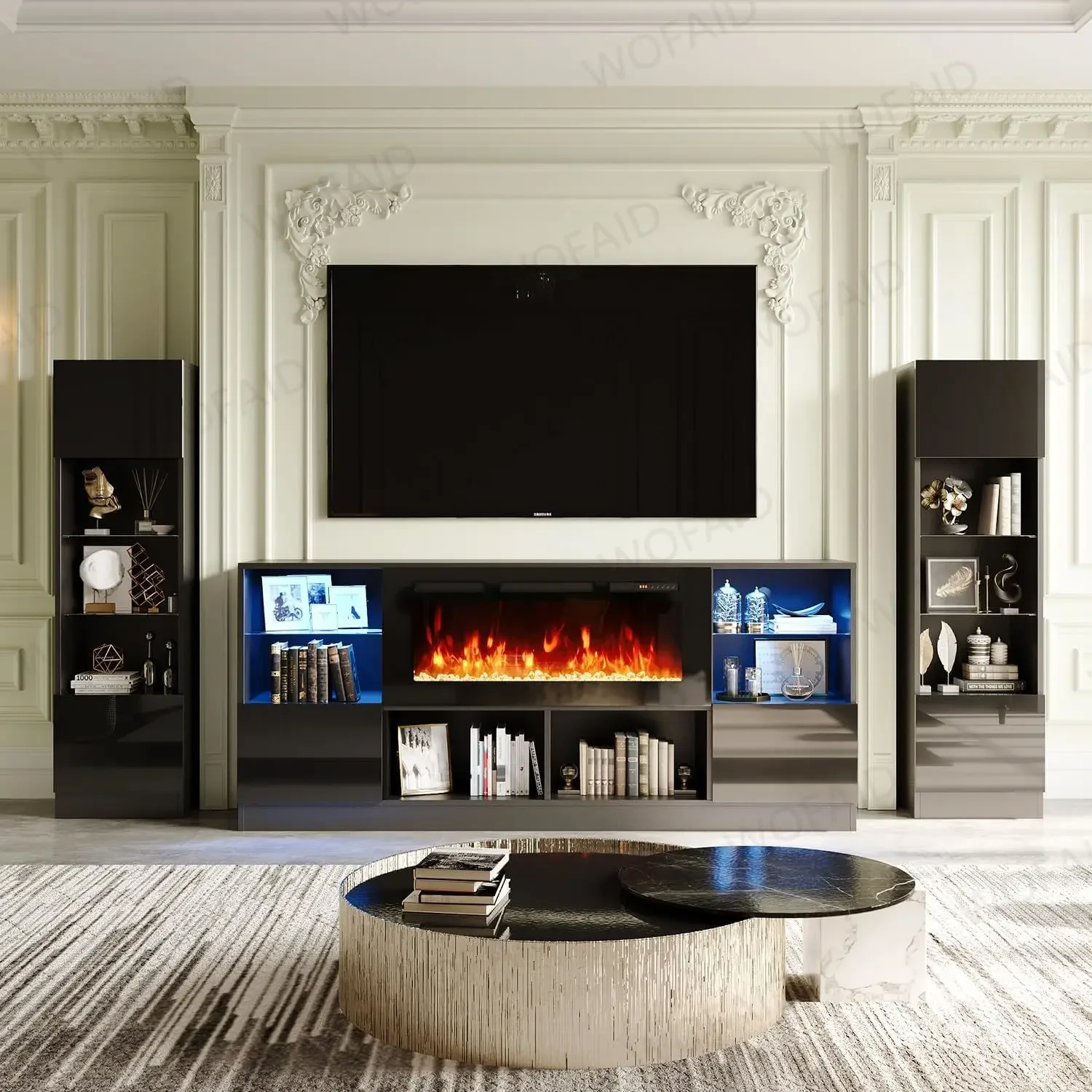 Vapor Fireplace Black Entertainment Center ตู้หนังสือชุดขาตั้งทีวีเตาผิงไฟฟ้าสําหรับห้องนั่งเล่นเฟอร์นิเจอร์ Organizer