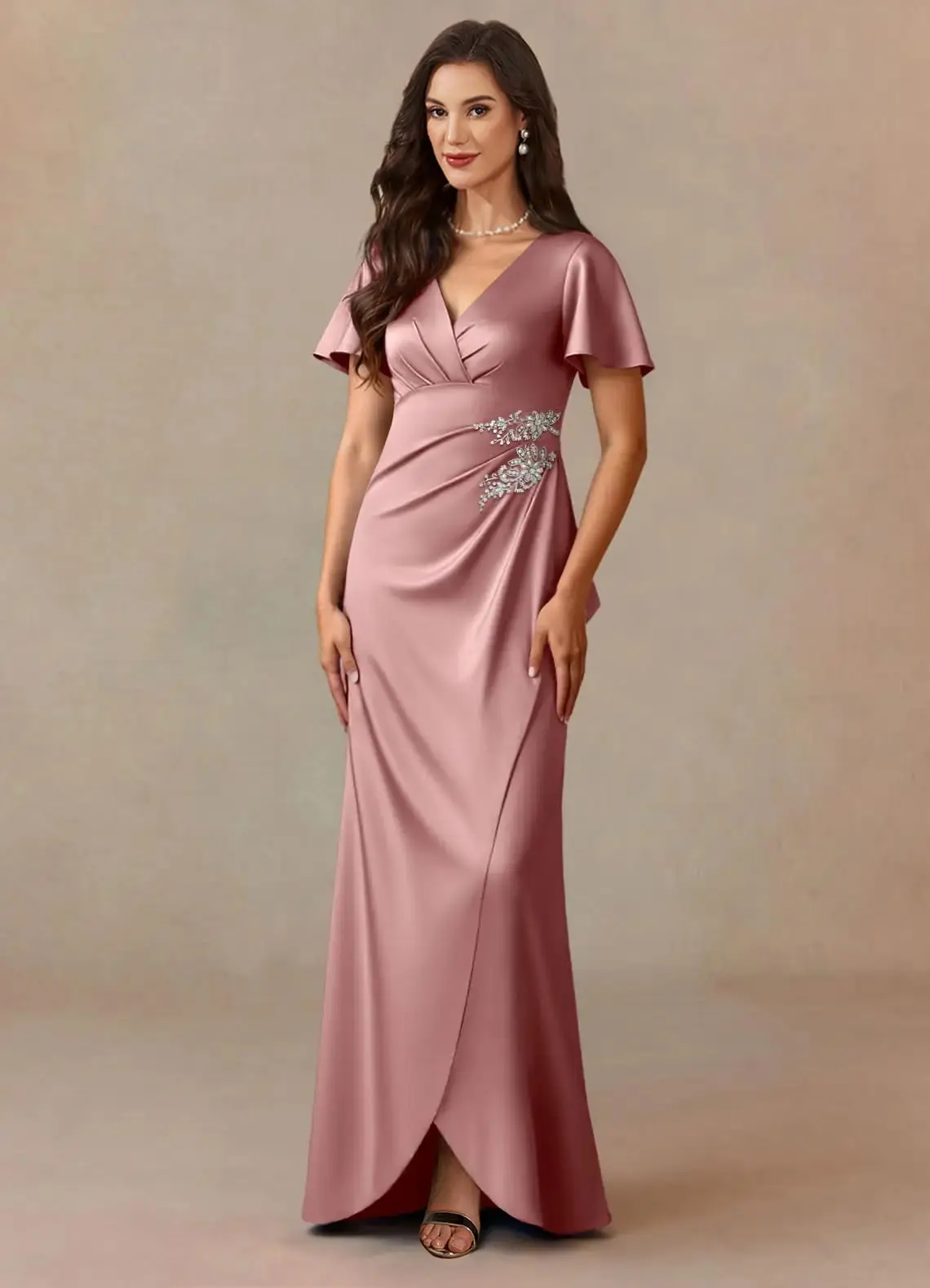 

Women's Satin V Neck Mother of The Bride Dresses Short Sleeve A-Line Ruched Long Evening Formal Gowns