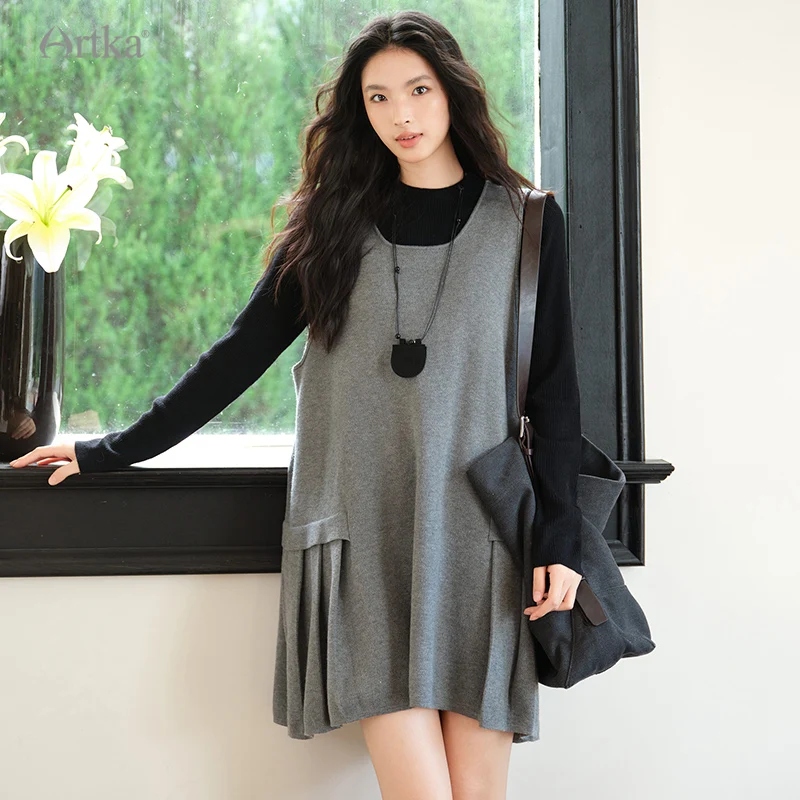 

ARTKA 2023, осеннее новое женское платье, модное простое шерстяное трикотажное платье-майка без рукавов, прямое плиссированное свободное платье ZA92231Q