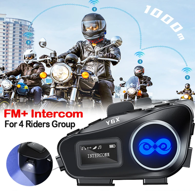 

BT5.1 FM Motorcycle Helmet Intercom 1000M Interphone Headset Music Sharing IPx6 With LED Lighting for 4 Riders Group Talking