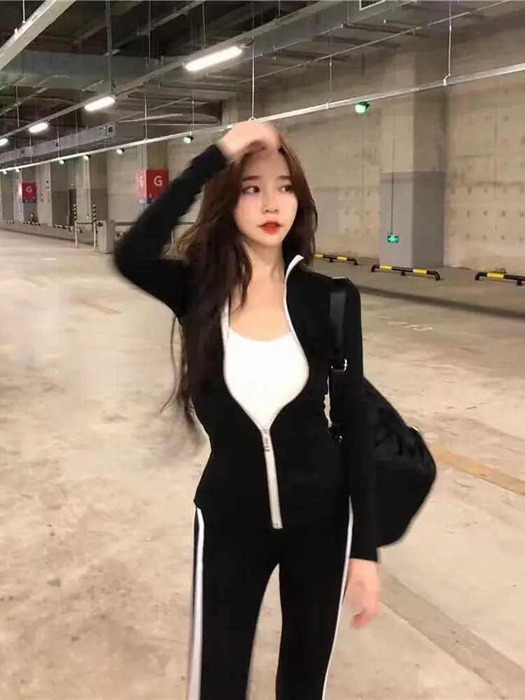 

Узкие брюки с высокой талией, комплект Fitn, длинная спортивная одежда с воротником-стойкой для женщин, осень-зима, Новое поступление