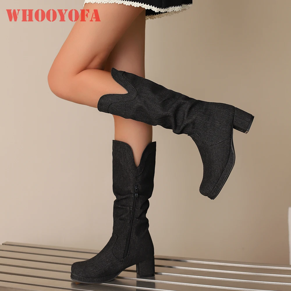 

2025 New Winter Fashion Black Dark Blue Women Mid Calf Riding Boots Med Block Heel Lady Shoes Plus Big Size 12 43 46 50