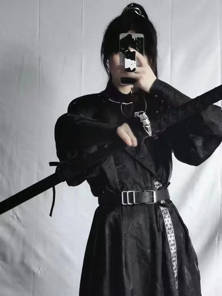 

Niche Youthful Sense Hanfu Traditional Tang Dynasty Dark Pattern Round Neck Robe Halloween Swordsman Cosplay Costume Bisex Black