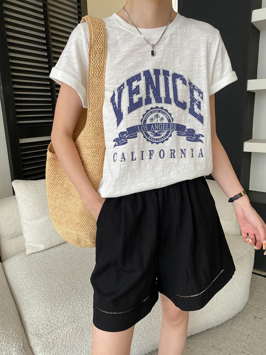 Sommerliches Damen-T-Shirt im lässigen amerikanischen Retro-Vintage-Stil mit Buchstaben-Print, Rundhalsausschnitt und kurzen Ärmeln – Detail 17
