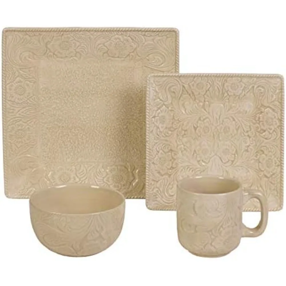 16 Piece Ceramic Dinnerware Set with Plates, Bowls, Mugs, Cream Tooled Leather Floral Pattern, Modern Rustic Western Style