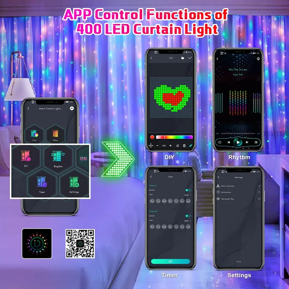 RGB ผ้าม่านบลูทูธสมาร์ท App ควบคุม LED String ไฟ Fairy DIY เพลง SYNC ระยะไกลสําหรับ Window ห้องนอนคริสต์มาส 400LED