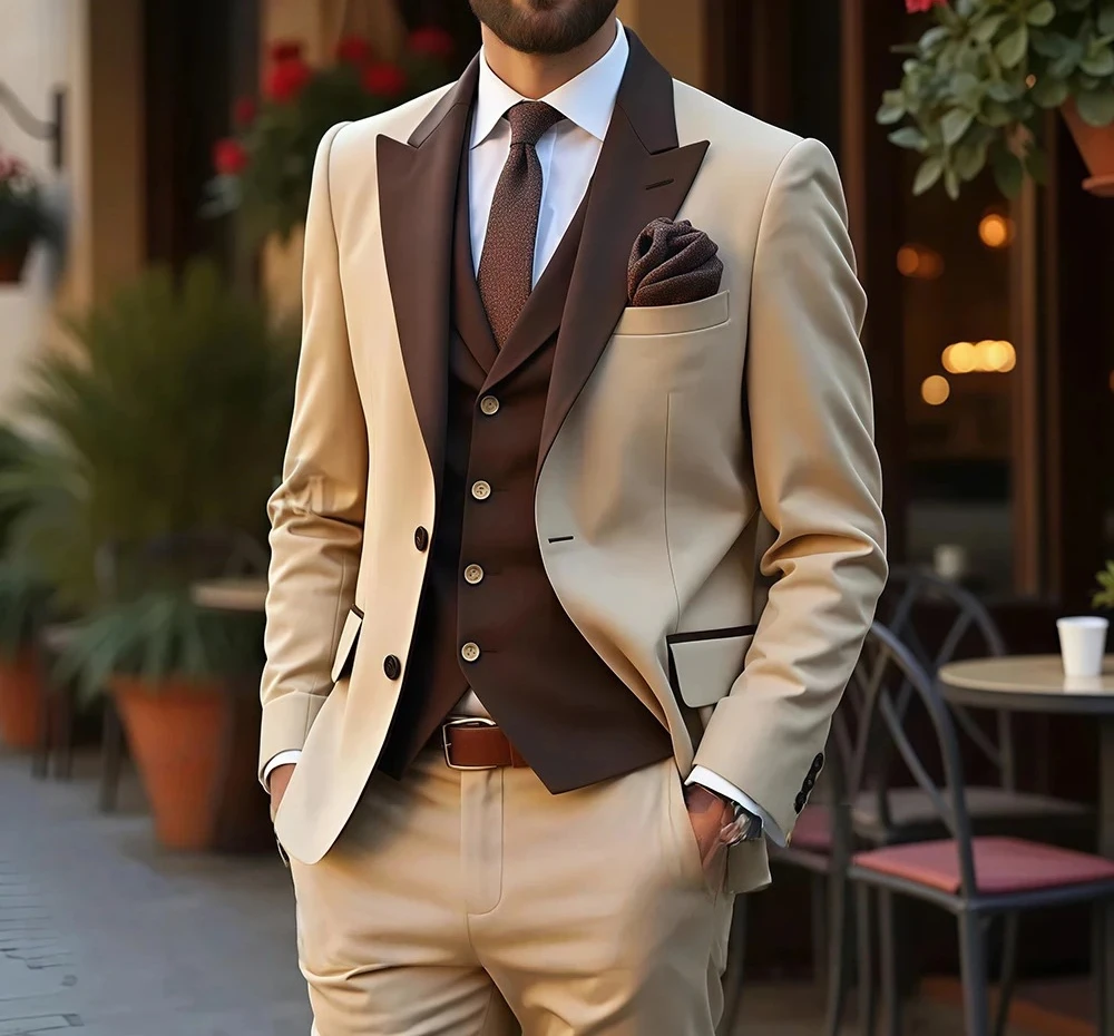 

Новое поступление, коричневые мужские костюмы, комплект из трех предметов, однобортный деловой костюм для свадьбы XS-5XL