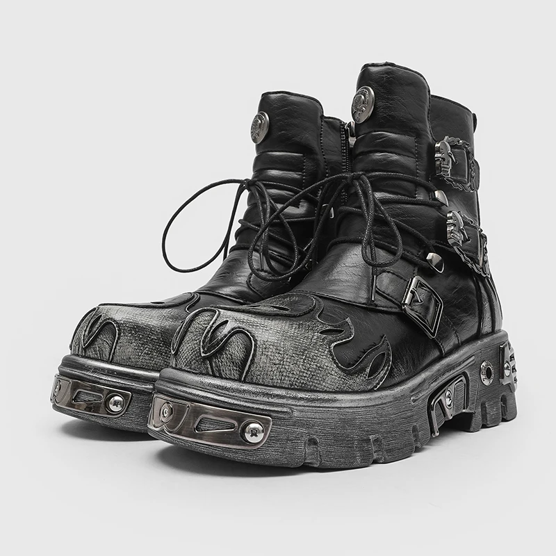 Men Height Increasing Punk Style Skeleton Flame Metal Buckle Thick Bottom High-end Cool  Fashionable Motorcycle Boots, view 4