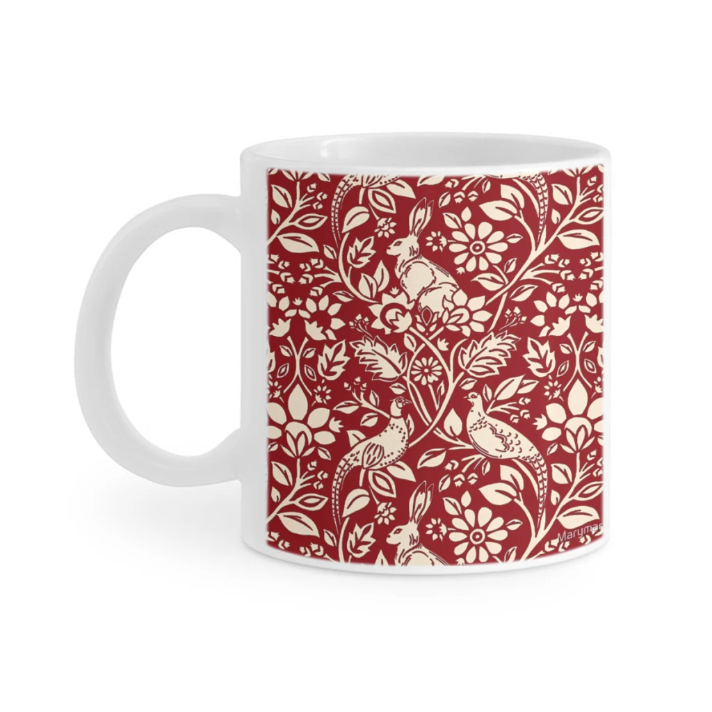 11oz Pheasant and Hare Pattern, Deep Red and Cream Coffee Mug Milk Tea Cup Insulated for Hot or Cold Beverages Portable Cup