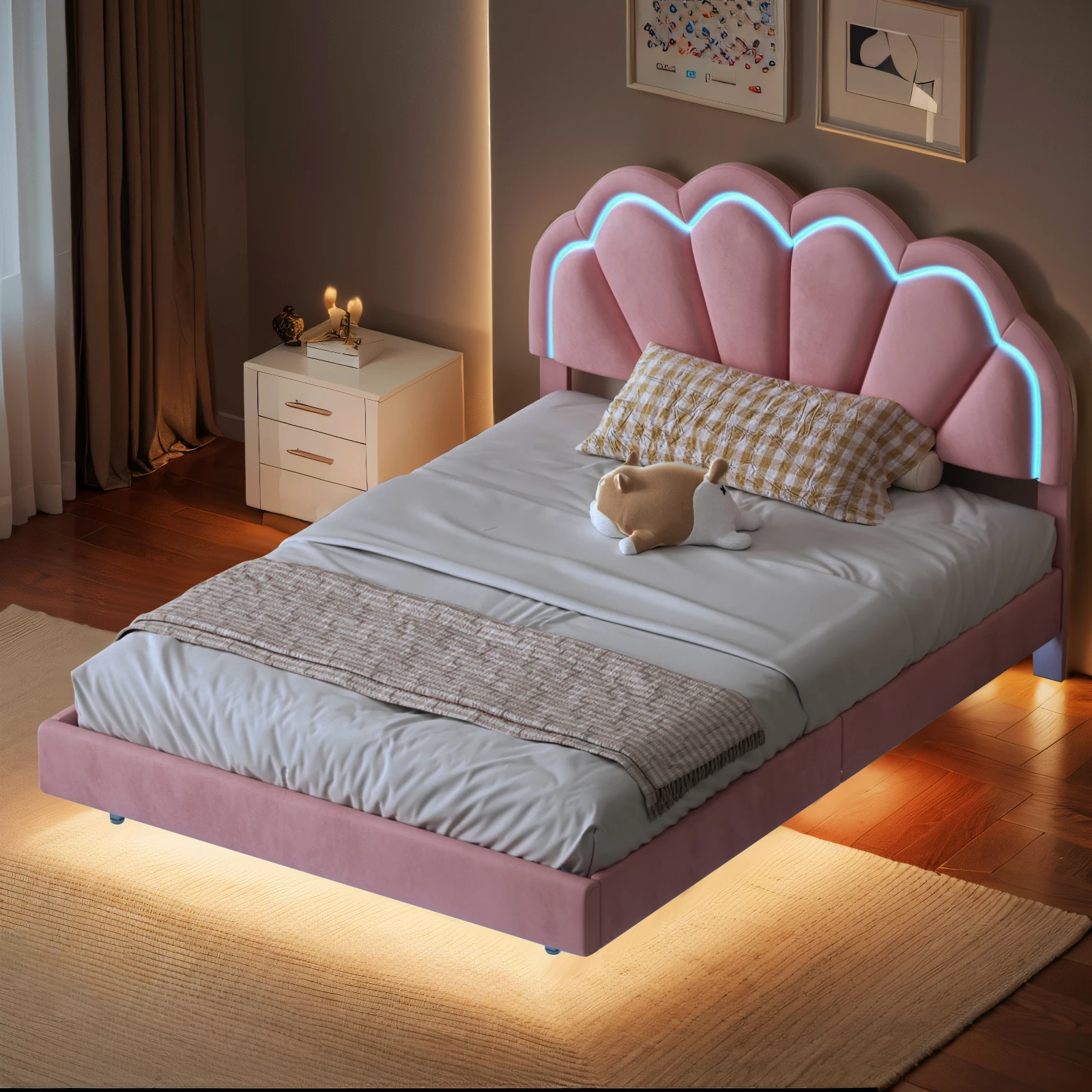 Upholstered children's bed 140 x 200 cm,Double bed, PU leather bed frame with LED lights, slatted base and backrest