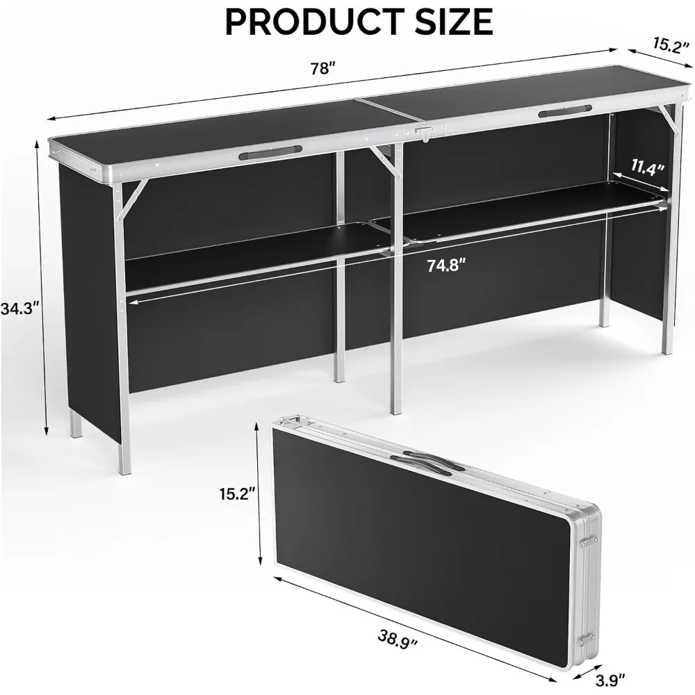 

78-inch Portable Bar Table with Double-layer Shelves and Black Skirt