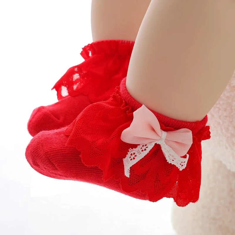 Girl\'s Socks Spring Student Dance Cotton Sock Fall Lace Baby Princess Socks Bright Red Infant Full Moon Short Tube Newborn Socks