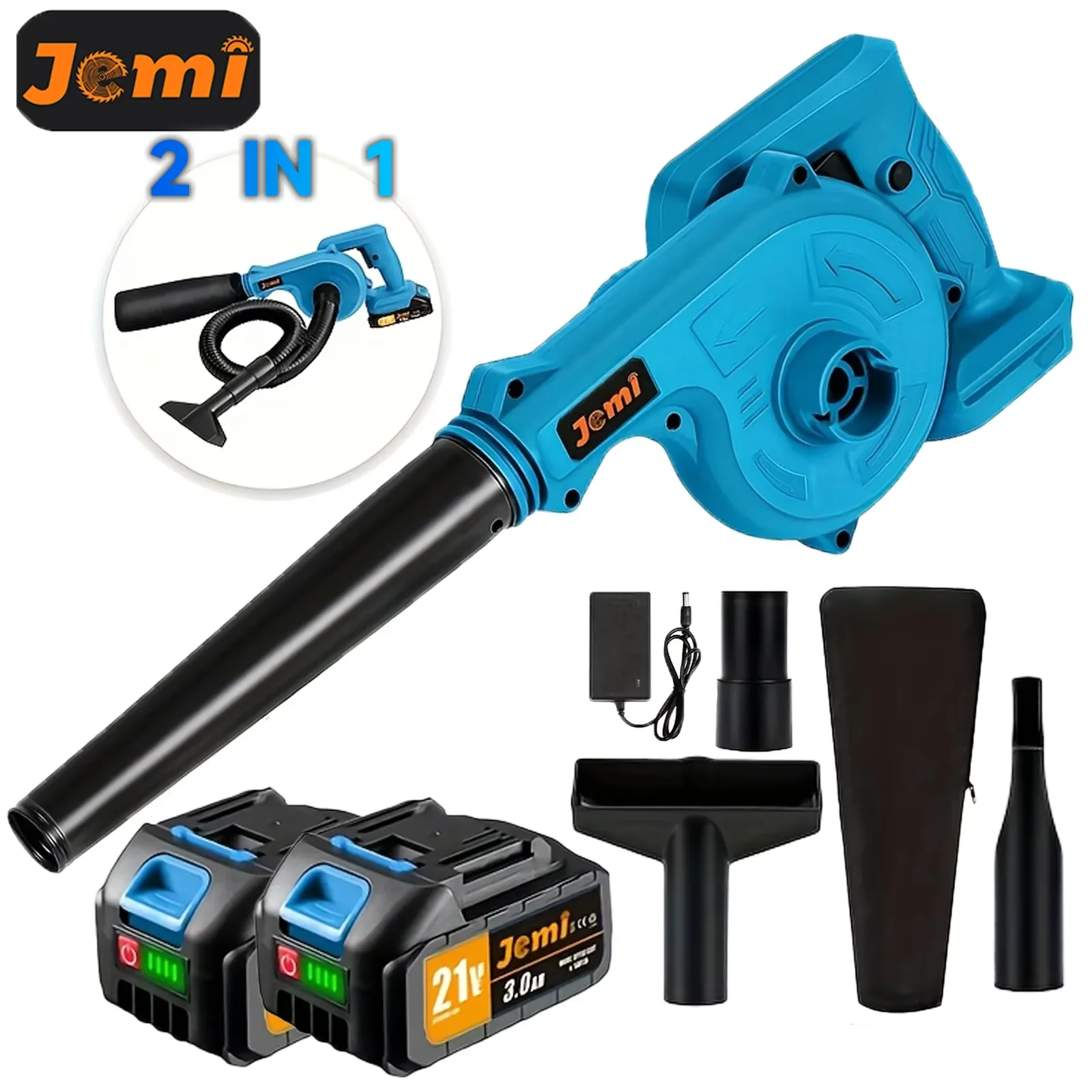 Le souffleur de feuilles sans fil Jemi est équipé de divers accessoires, adapté au dépoussiérage et au nettoyage des feuilles.