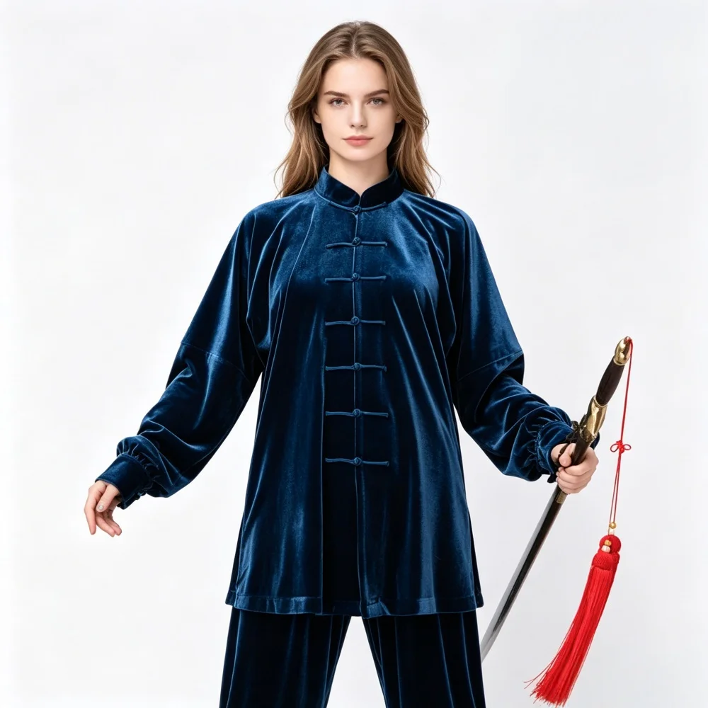 Women Men Korean Velvet Tai Chi Uniform Set Long Sleeve Traditional Chinese Kung Fu Wushu Outfit for Training Morning Exercise