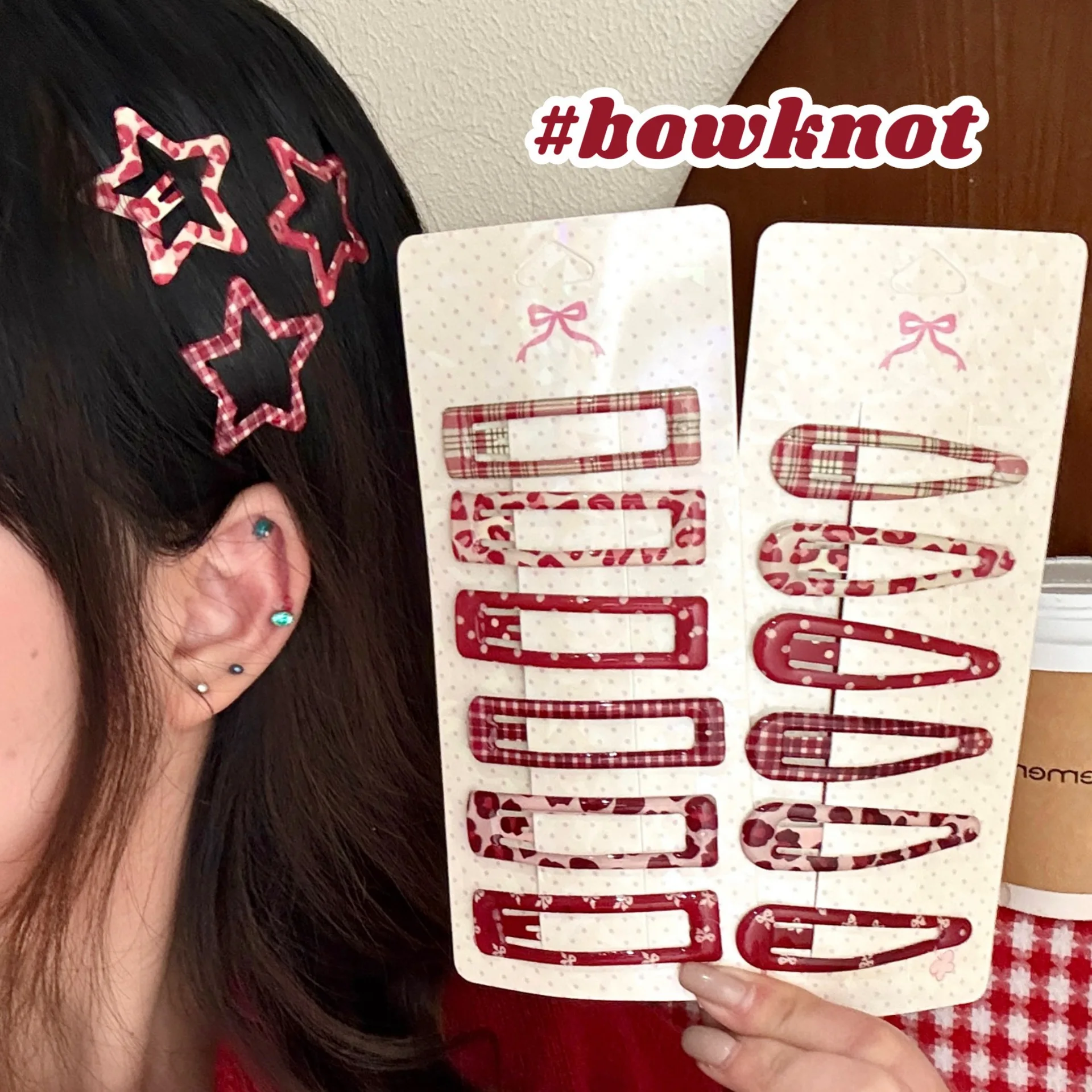 

6pc Cute College Style Red Plaid Dot BB Hairpin Hair Side Clips for Girls Women Korean Hair Accessories