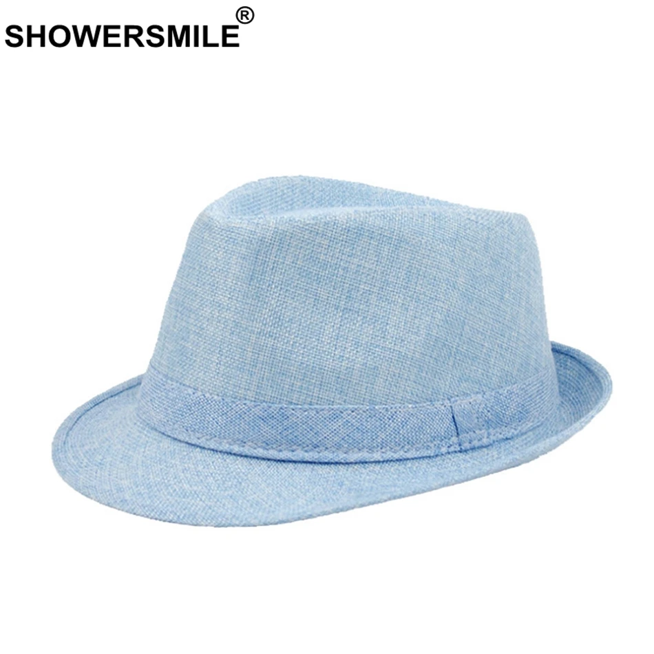 SHOWERSMILE Men Fedora Hats Classic Solid Linen Jazz Cap Male Khaki Brand British Style Spring Summer Plain Outdoor Beach Hat